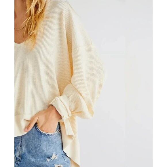 Free People Santa Clara Thermal Pullover Sweater Top in Alabaster Waffle Knit - Picture 7 of 12